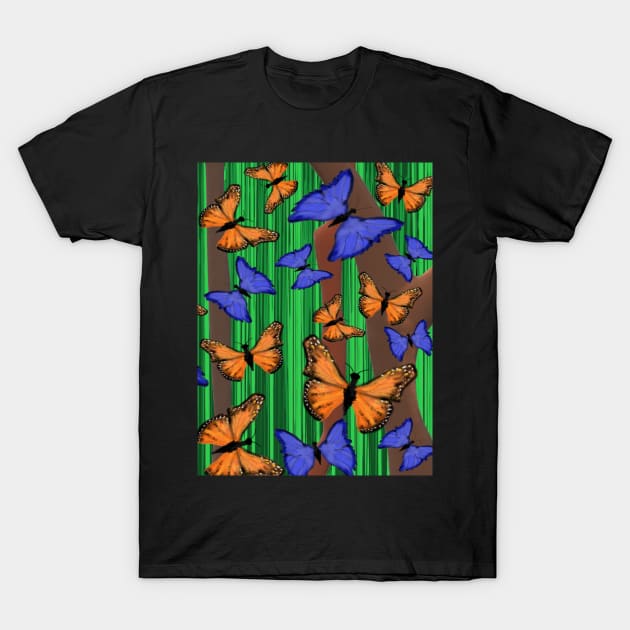 Blue and Orange Butterflies with Abstract Trees and Grass T-Shirt by Art By LM Designs 